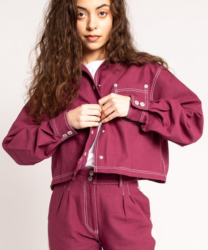 Product image of purple crop jacket made from duck canvas
